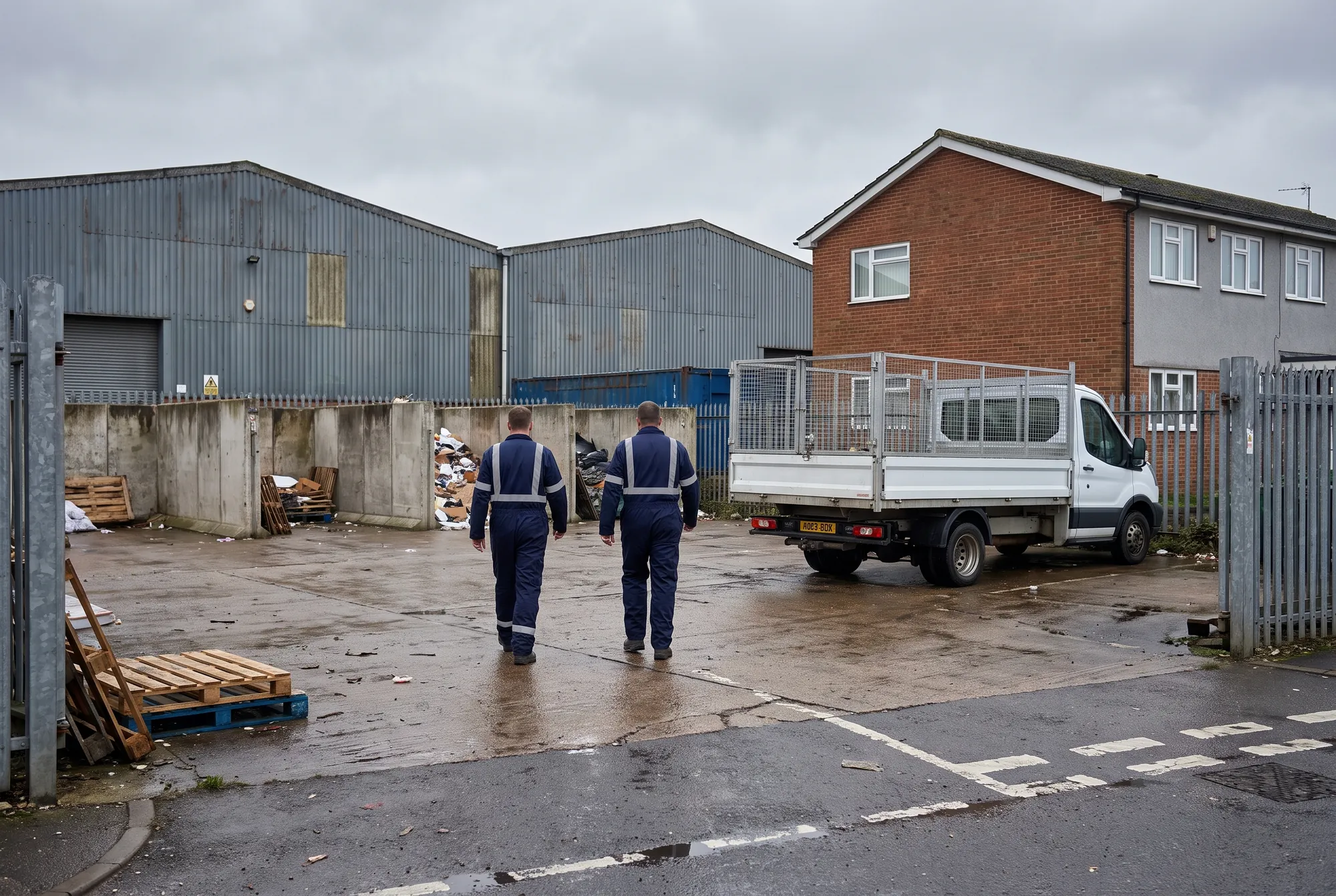 Two operatives walking across the yard towards a cage tipper lorry