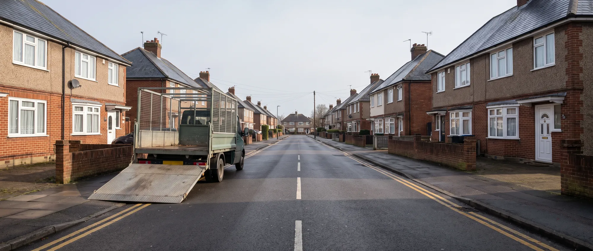 A cage tipper parked empty at the kerb of a residential street at first light