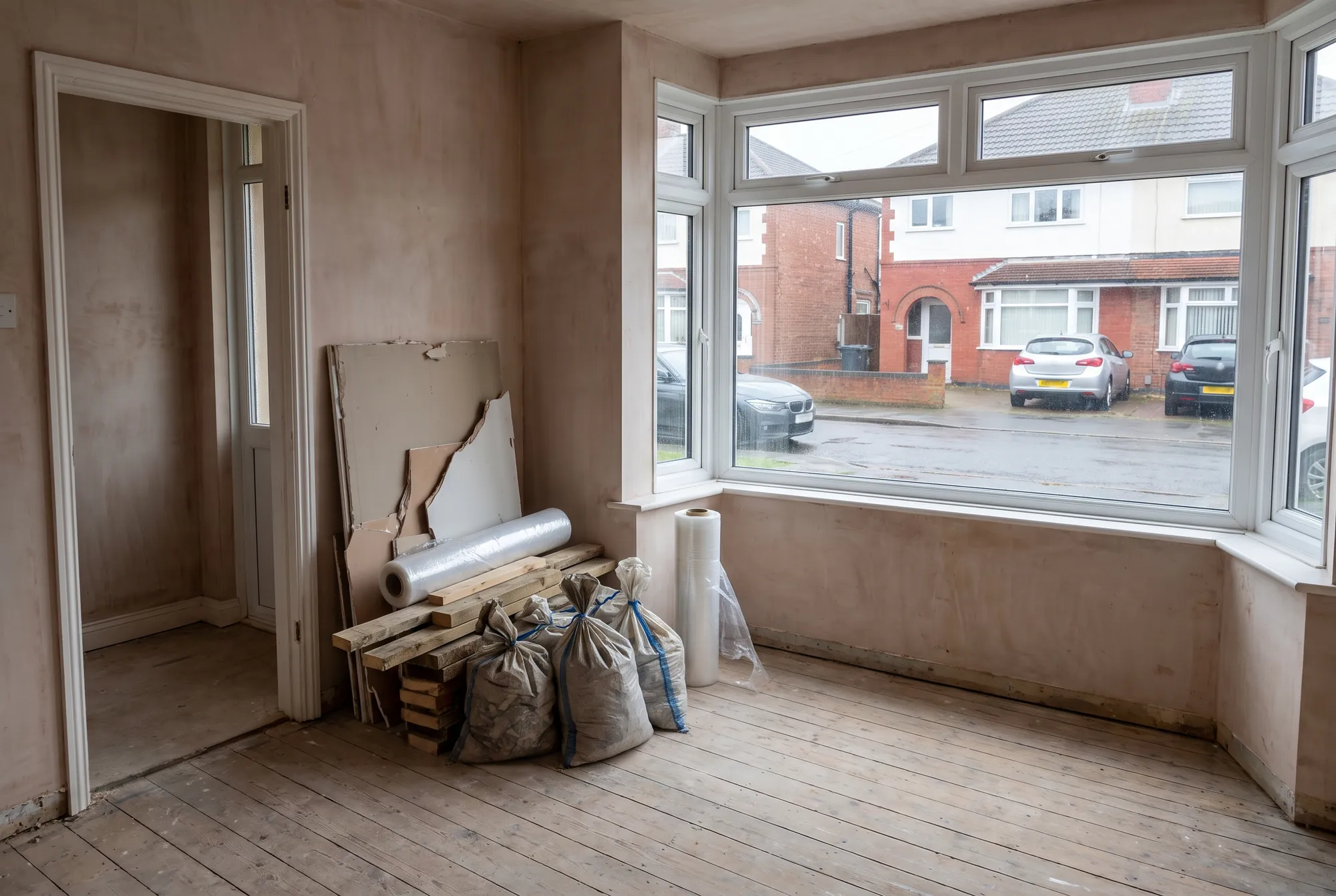 Rubble sacks, timber and plasterboard offcuts stacked by the doorway of a half renovated house