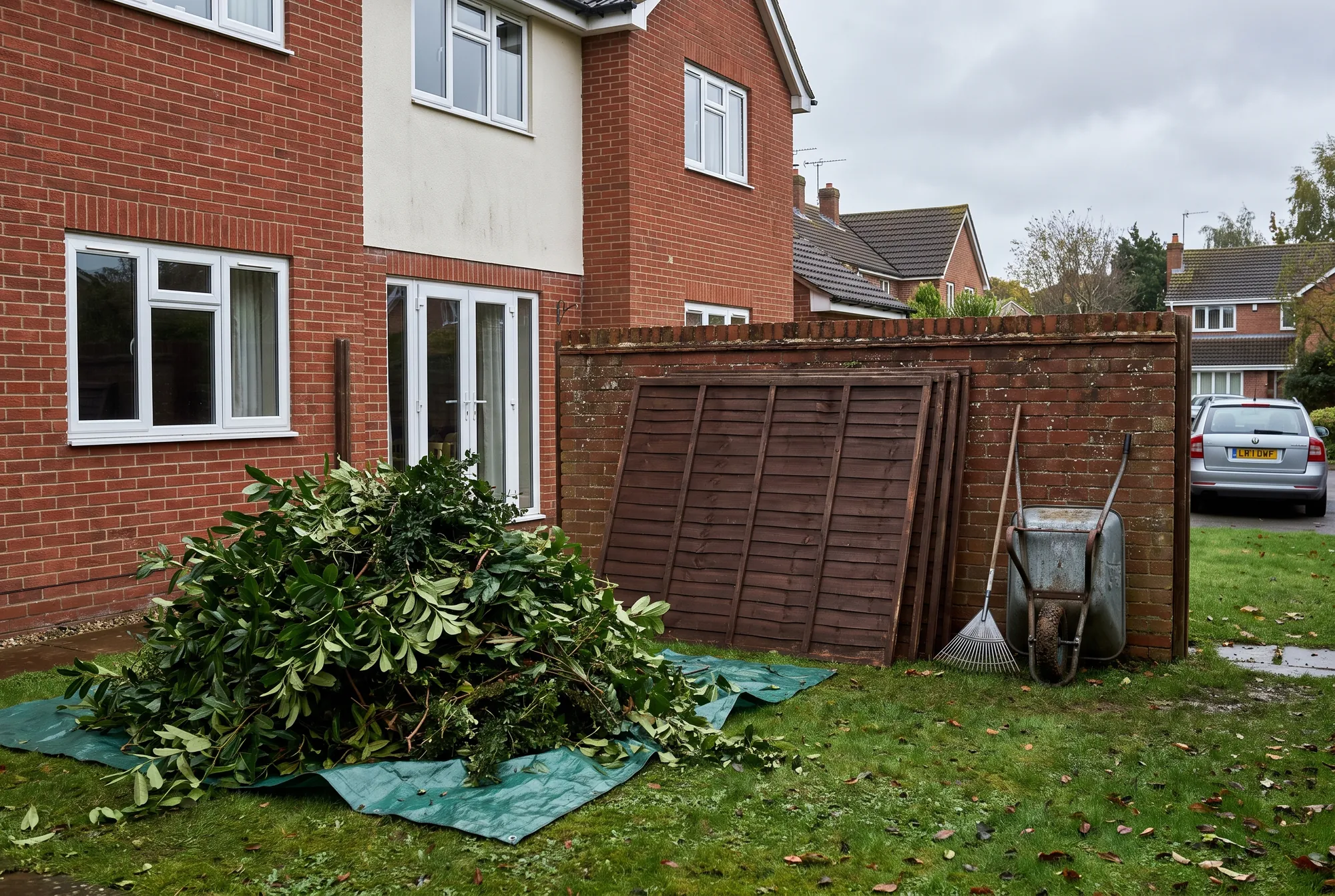 Cut hedge heaped on a tarpaulin with old fence panels stacked against a brick wall