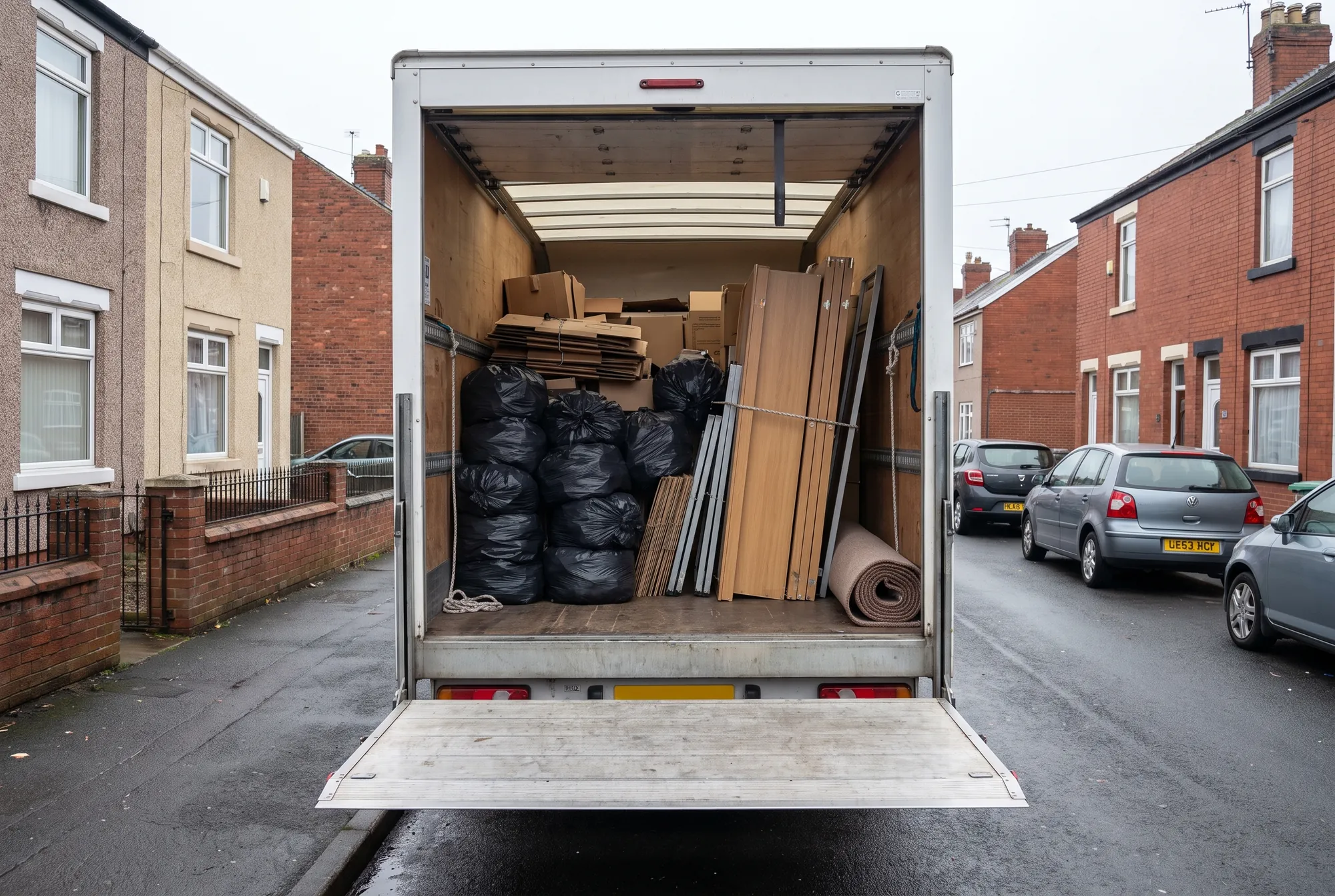 The open back of a Luton van loaded to half height with sacks, cardboard and a dismantled wardrobe