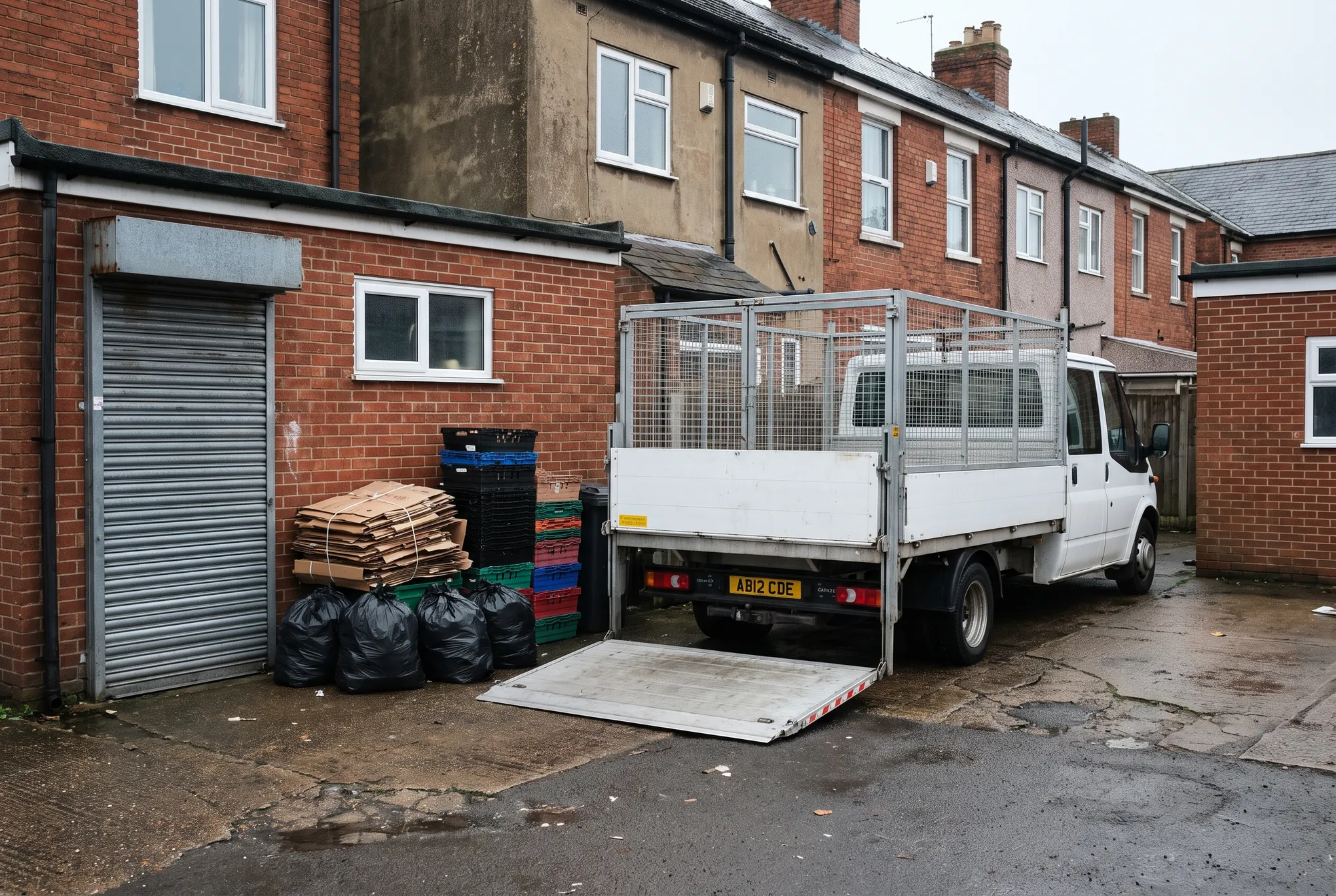 Bundled cardboard, crates and tied sacks stacked by a roller shutter door, with a cage tipper reversed up to them