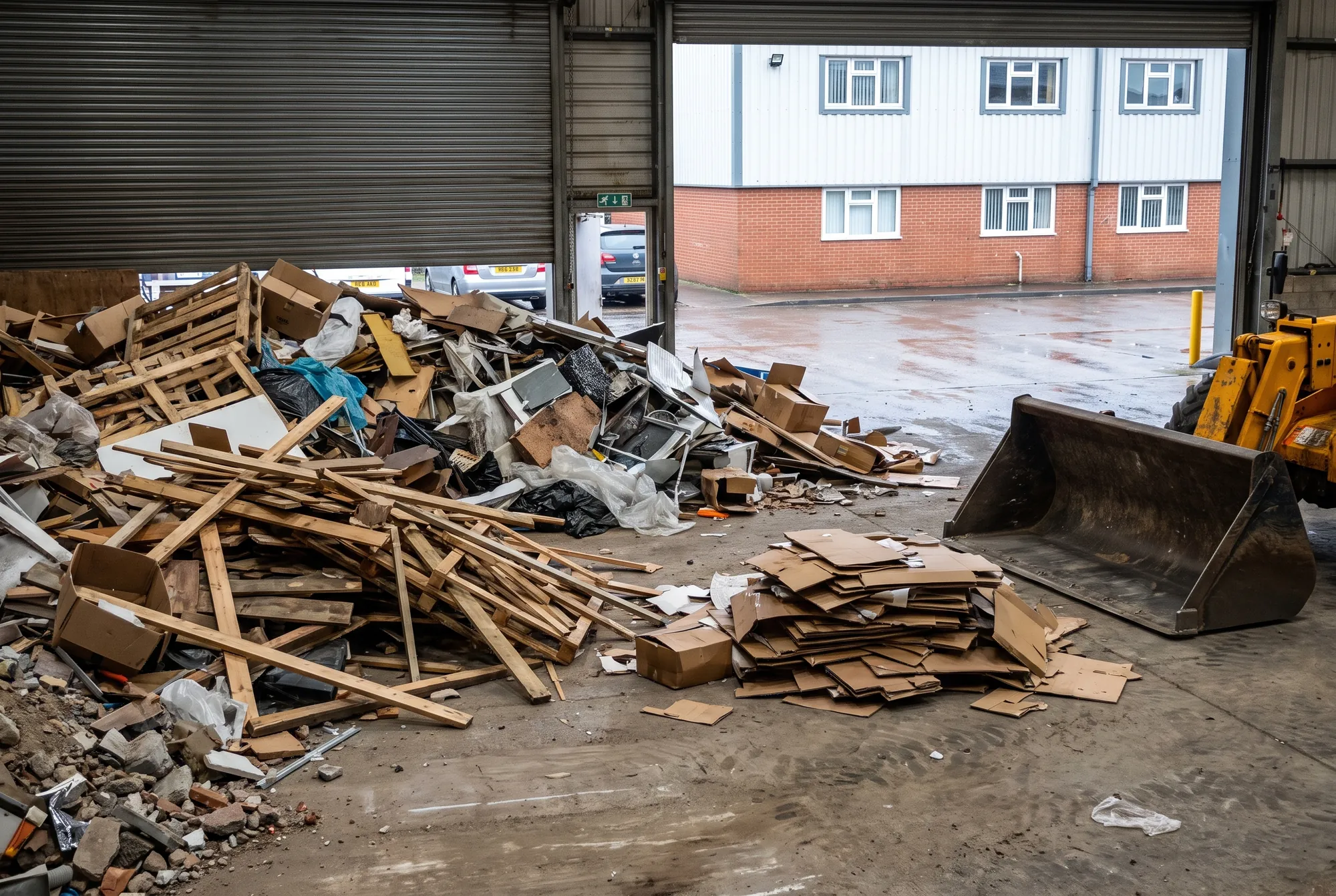 A tipped load of broken timber, rubble and cardboard being sorted on the floor of the transfer shed