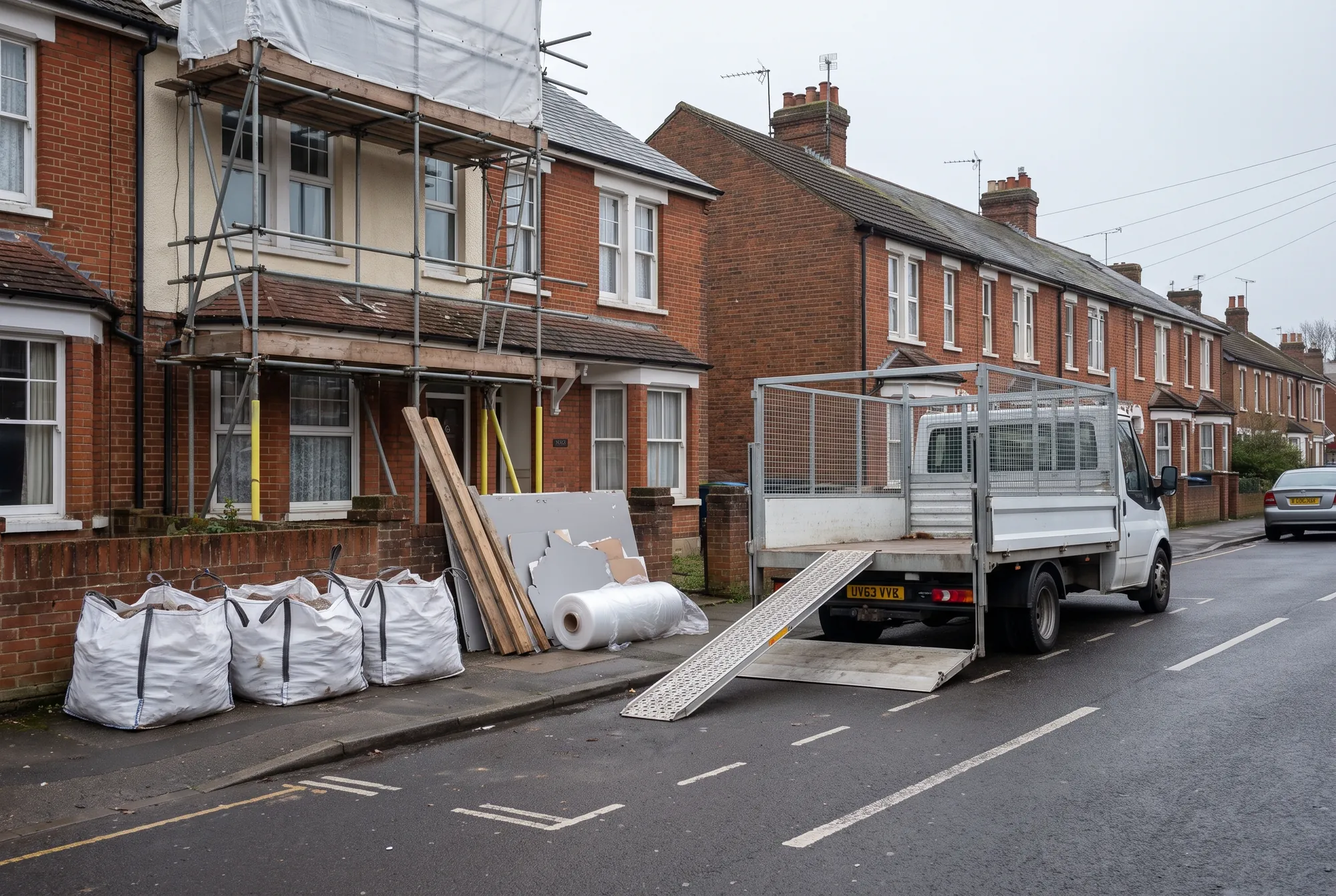 Rubble sacks, timber and plasterboard stacked at the kerb outside a half renovated house with a cage tipper waiting