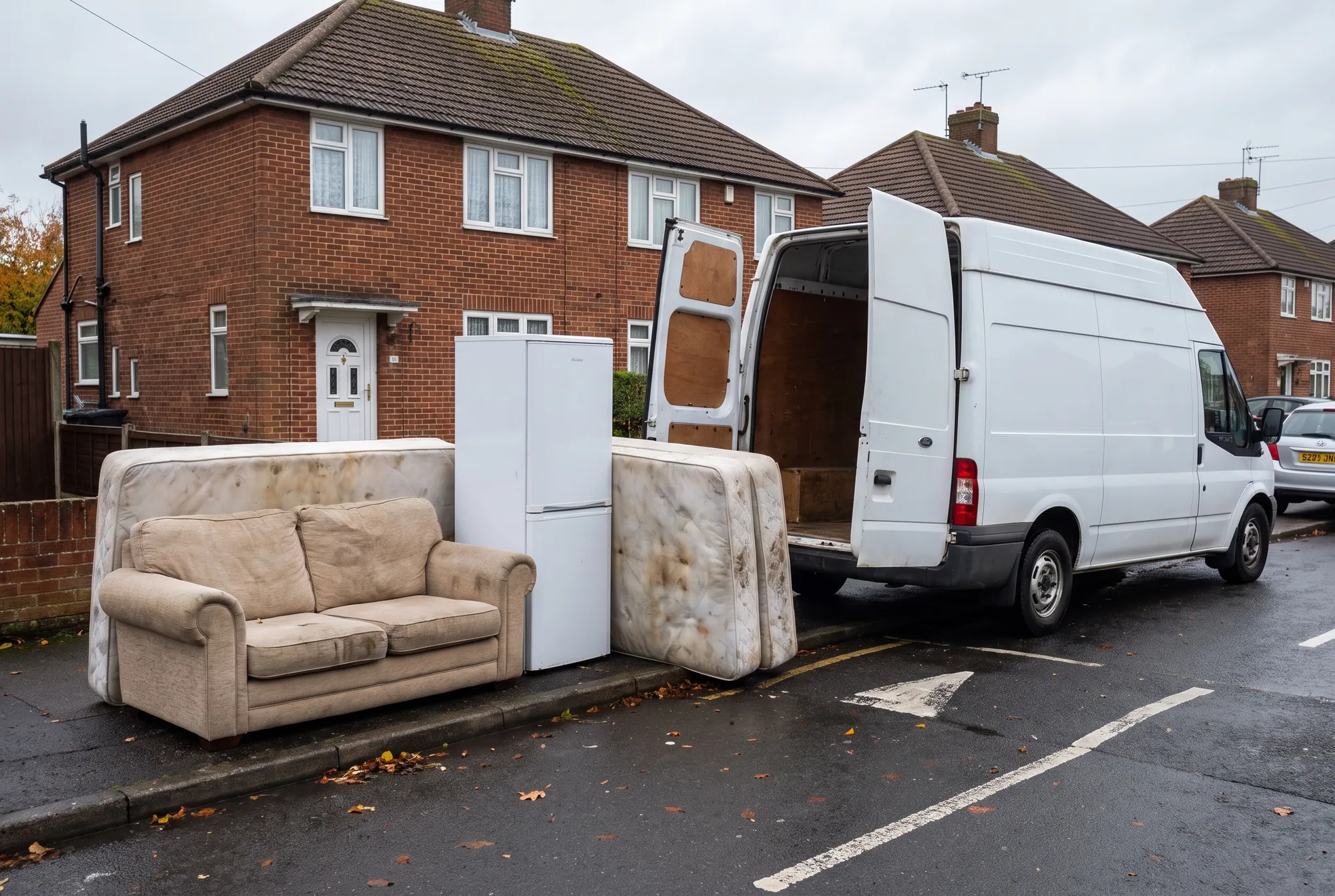 A sofa, a fridge freezer and a mattress standing at the kerb beside an open van