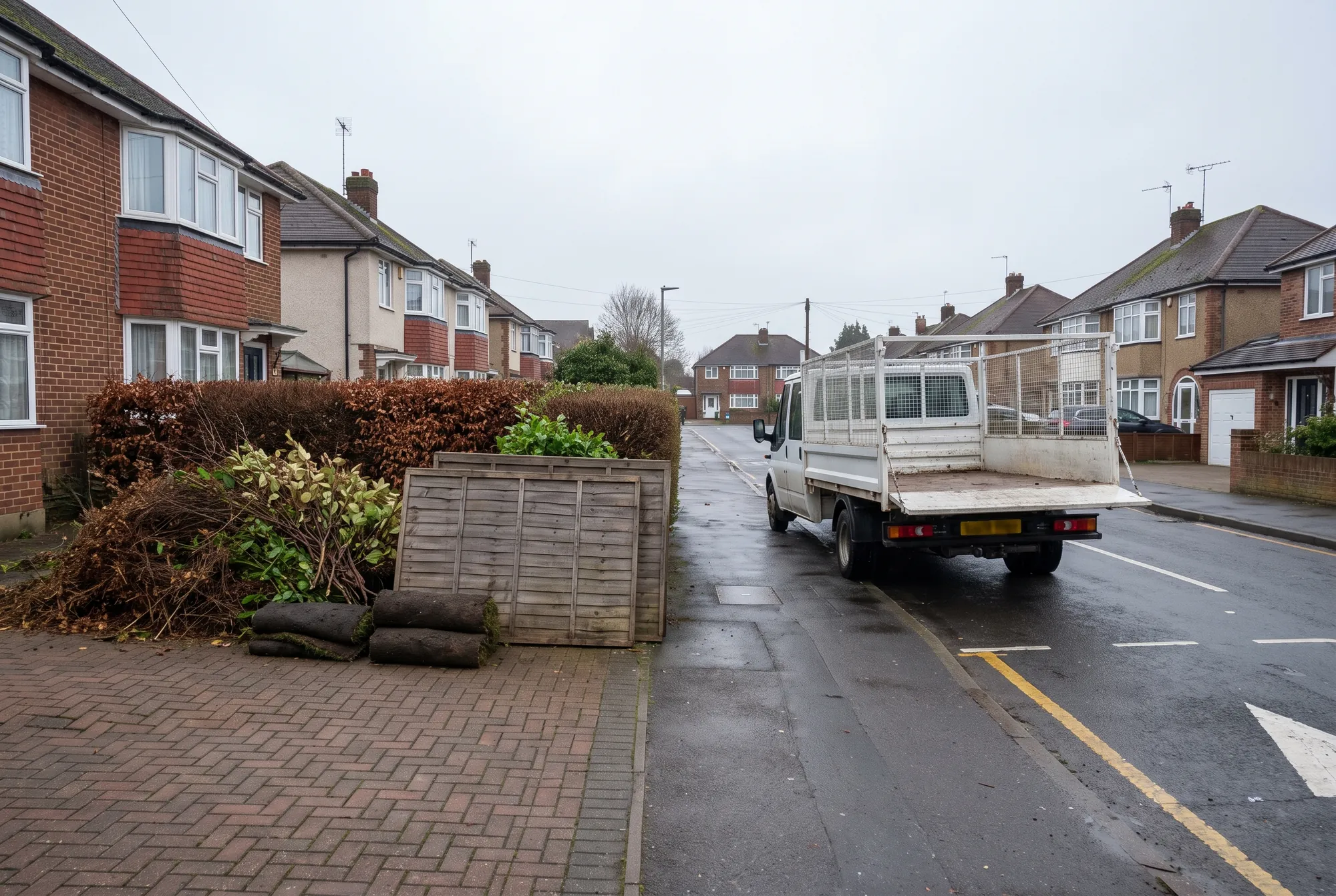 Hedge trimmings, rolled turf and old fence panels piled on a driveway with a cage tipper waiting at the kerb