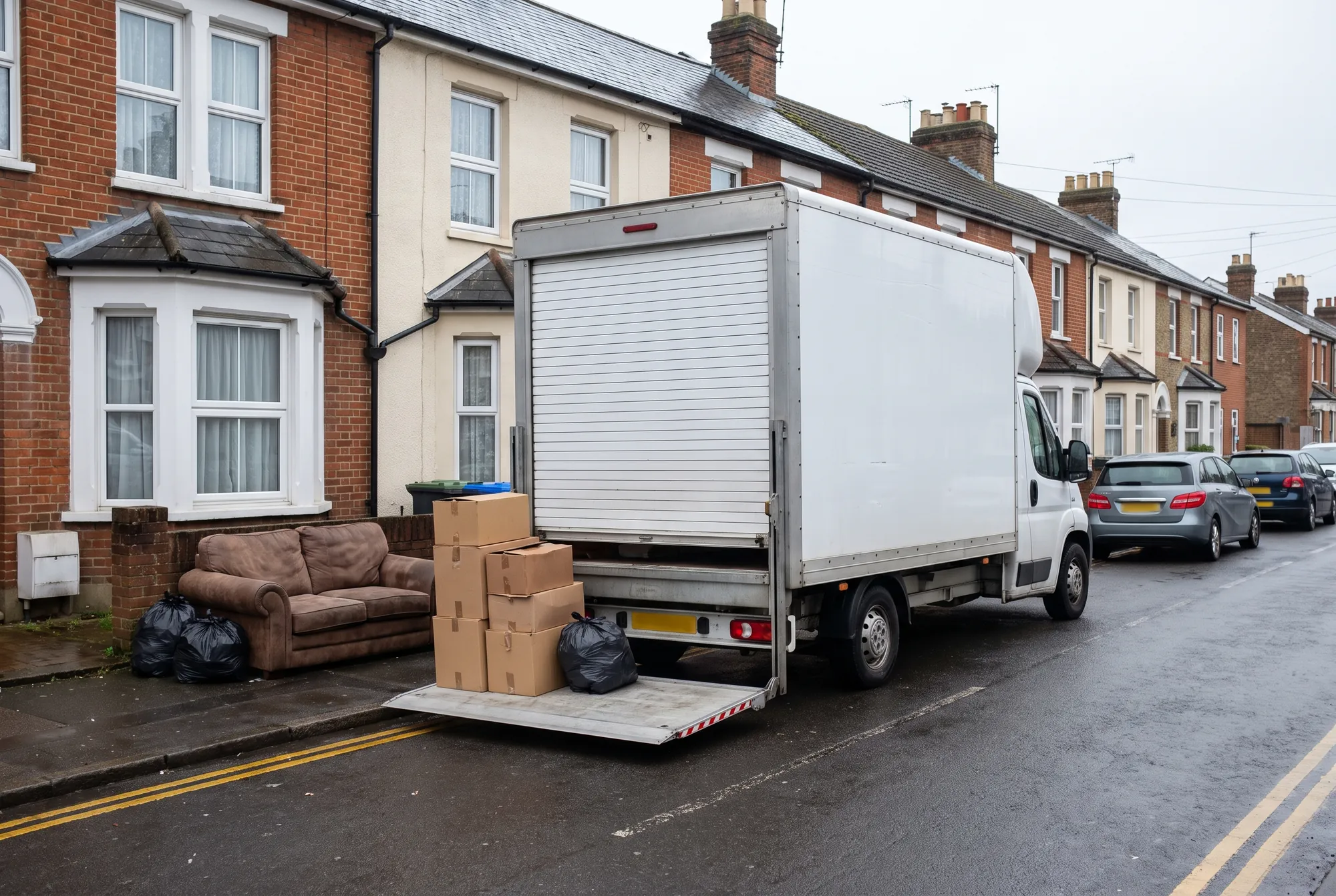 A Luton van with its tail lift down outside a terraced house, a sofa, boxes and bagged waste stacked at the kerb
