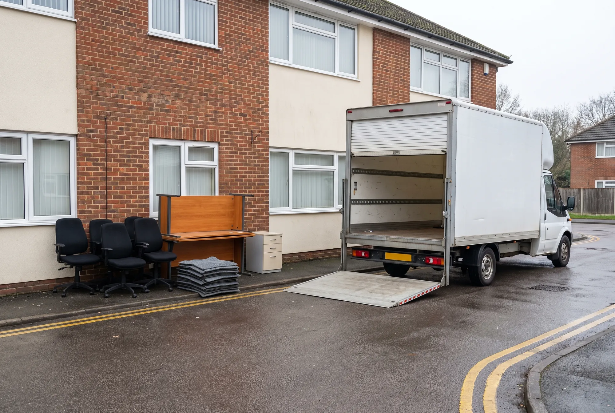 Office chairs, desks and lifted carpet tiles stacked on a forecourt beside a Luton van with its tail lift down