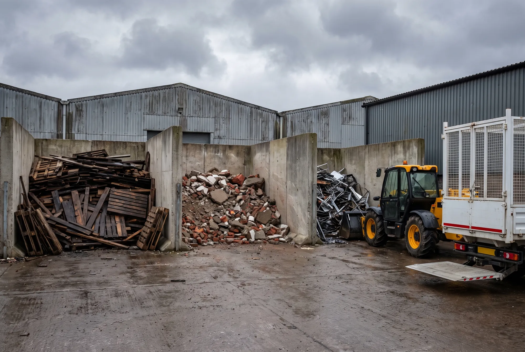 Separated bays of timber, rubble and scrap metal at the yard